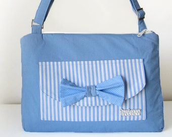 Cross Body Bag / Handbag for Women Featuring Pockets, Adjustable Strap and Zipper in Blue and White Fabric