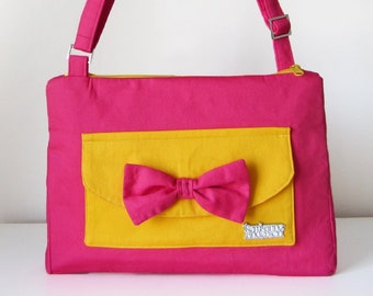 Cross Body Bag / Handbag for Women Featuring Pockets, Adjustable Strap and Zipper in Pink and Yellow Fabric