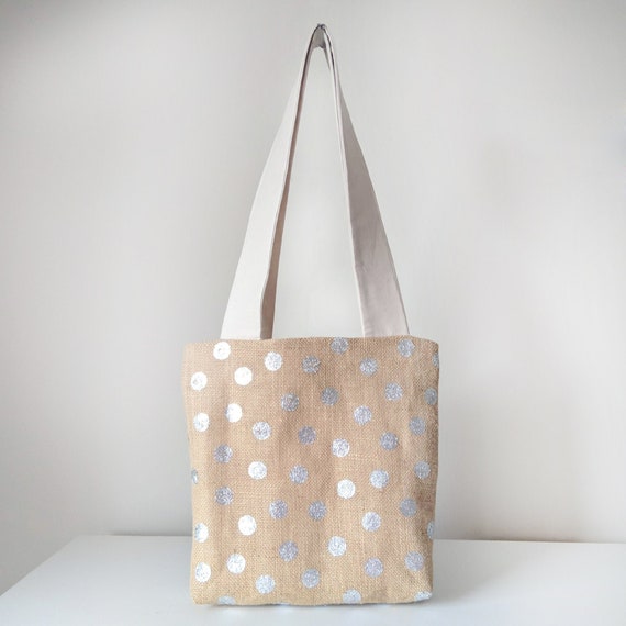 Women s Hessian Tote Bag Shoulder Bag Featuring Zip Closure and Internal Pockets in Silver Polka Dots Etsy Canada