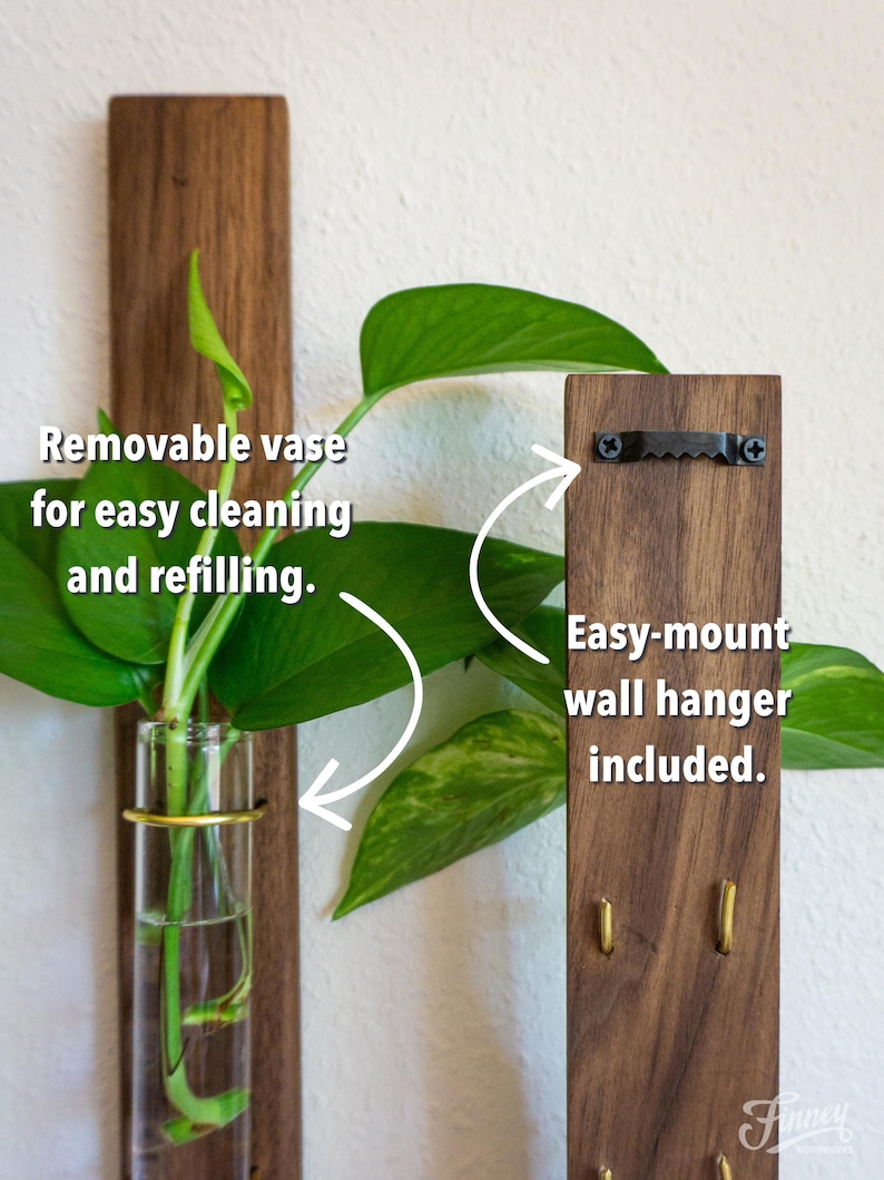 May include: A wooden wall-mounted vase with a clear glass tube and gold-colored ring. The vase holds green leafy plants. The text says, "Removable vase for easy cleaning and refilling." The back has an easy-mount wall hanger.