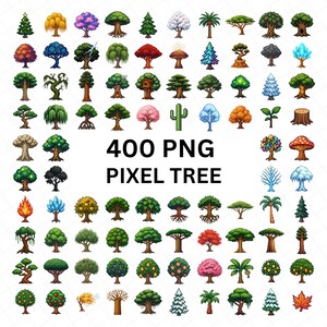 ピクセルツリーPNGバンドル、400種類のファンタジー＆自然アイコンクリップアート、森の木々の季節の魔法のピクセルアートPNGセット（ゲームとデザイン用）