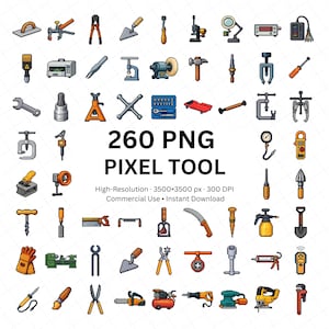 Paquete de herramientas de píxeles PNG, 260 iconos de construcción y taller, conjunto de herramientas manuales de hardware con píxeles PNG para manualidades y proyectos.
