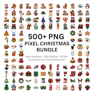 Pixel Christmas PNG Bundle, 500+ Holiday Winter Icons Clipart, Festive Xmas Cute Pixel Art PNG Set for Crafts and Printables