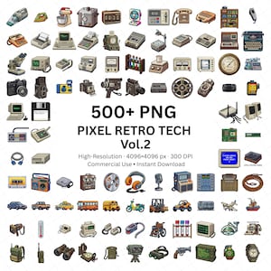 May include: A digital illustration featuring over 500 pixel art images of retro technology, such as computers, cameras, and radios. The image includes the text "500+ PNG PIXEL RETRO TECH Vol.2".