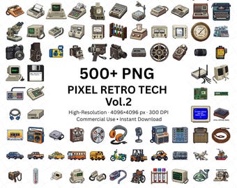 Pixel Retro Tech Vol.2 PNG-clipartbundel • 500+ pixeliconen • Vintage Tech PNG-set • Retro Electronics PNG-pakket voor stickers en ontwerp