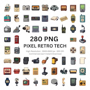 ピクセルレトロテックPNGバンドル、280個のビンテージエレクトロニクスアイコンクリップアート、クラフトとデザインのためのオールドスクールデバイスピクセルアートPNGセット