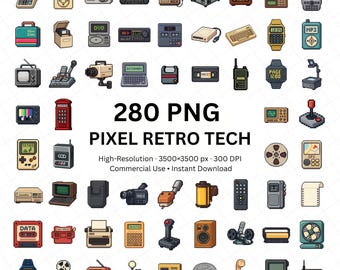 Pixel Retro Tech PNG-bundel, 280 vintage elektronica-iconen clipart, old school apparaten pixelart png-set voor ambachten en design