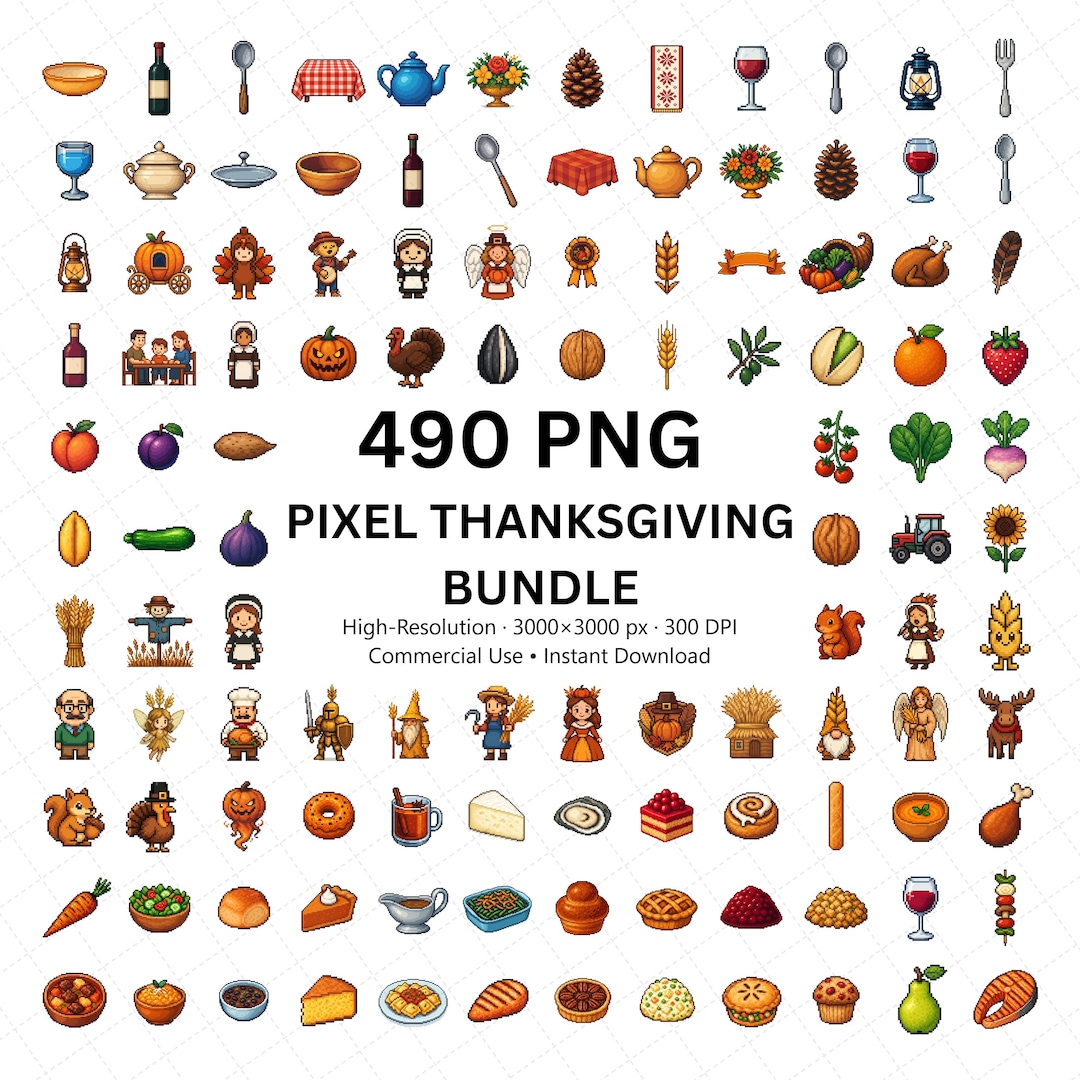 Pixel Thanksgiving PNG Bundle, 490 Harvest Fall Icons Clipart, Autumn ...