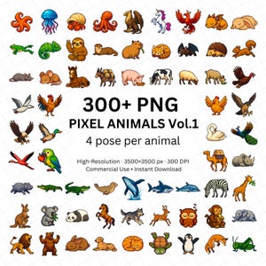 Pixel Animals PNG Bundle Vol.1 – 300 PNG Clipart Set with Pixel Art Animals, Cute Animal Graphics, Game Asset Sprites