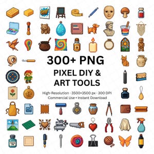 Pixel DIY and Art Tools PNG Bundle, 300 Craft Supplies Icons Clipart, Creative Maker Tools Pixel Art PNG Set for Artists and Crafters