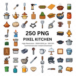 Pixel Kitchen Items PNG Bundle, 250 Cooking Tools Food Icons Clipart, Utensils Bakeware Pixel Art PNG Set for Crafts and Design