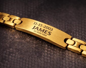 Pulsera de identificación personalizada para hombre, regalo de Navidad para papá, pulsera de acero inoxidable grabada en profundidad, oro o plata, regalo para él.