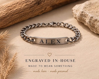 Father's Day Gift for Dad, Personalized Men's Bracelet, Custom Engraved Stainless Steel Bar Bracelet, Gift for Husband, Grandpa Gift
