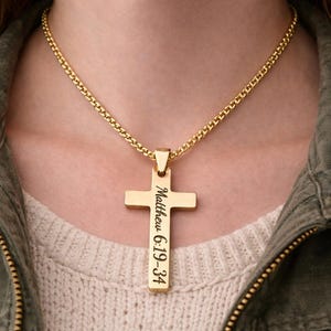 Personalized Gold Cross Necklace • Deep Laser Engraved, Stainless Steel