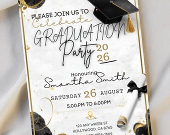May include: Graduation party invitation with a black mortarboard, gold tassel, and scroll. The invitation features the text "Please join us to celebrate Graduation Party 2026" and the name "Smantha Smith". The date is Saturday, August 26.