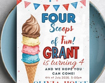 May include: A birthday party invitation with a watercolor illustration of an ice cream cone with four scoops. The invitation reads "FOUR Scoops of Fun! GRANT is turning 4" and includes event details and RSVP information.