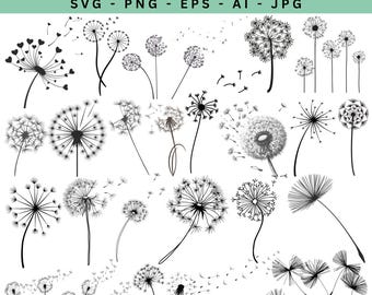 May include: A collection of black and white dandelion designs in various stages of bloom, with some seeds blowing away. The text "DANDELION SVG" is at the top, with file type options below. The image is on a white background.