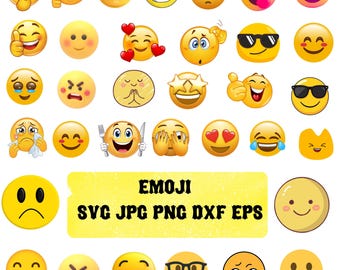 May include: A collection of yellow emoji faces with various expressions, including smiling, winking, and crying. Some emojis have sunglasses or hearts for eyes. The image also includes the word "EMOJI" and file type abbreviations.