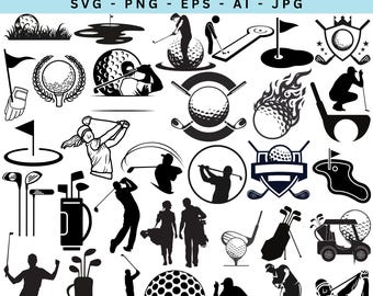 May include: A collection of black and white golf-themed SVG graphics. The bundle includes illustrations of golf balls, players, golf clubs, flags, and course elements. The text at the top reads "GOLF SVG BUNDLE" with file type indicators.