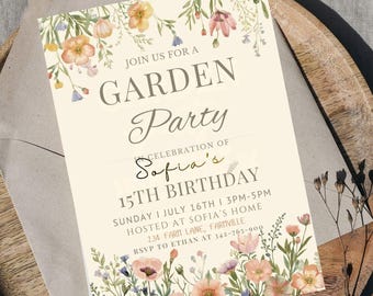 May include: An invitation for a garden party to celebrate Sofia's 15th birthday. The invitation features floral illustrations in shades of pink, orange, and purple. The text reads "Join us for a Garden Party" and includes event details.