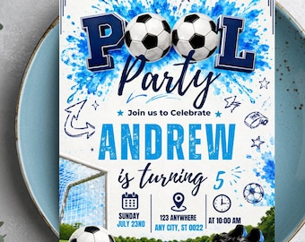 May include: A rectangular invitation card featuring a soccer-themed pool party design. The text reads Pool Party, Join us to Celebrate, Andrew is turning 5, Sunday July 23rd, 123 Anywhere, Any City, ST 0022, and at 10:00 AM with soccer balls and cleats.