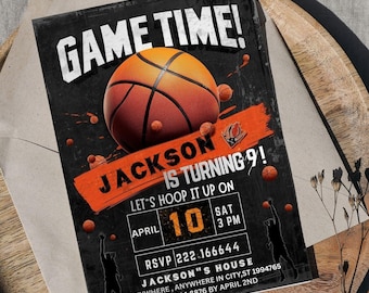 May include: Basketball-themed invitation with the text "GAME TIME!" and "JACKSON IS TURNING 9!" on a black background. The invitation includes the date, time, and RSVP information. The design features a basketball and orange accents.