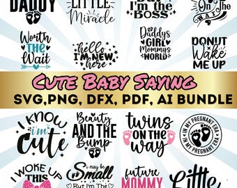 May include: A collection of baby-themed SVG, PNG, DFX, PDF, and AI files. The designs include phrases like "Future Daddy," "Twins on the Way," and "I'm the Boss." The color scheme is primarily black and pink.