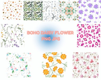 May include: A collection of floral patterns featuring various flower designs. The patterns include sunflowers, leaves, and other flowers in shades of yellow, green, pink, and purple. The text "BOHO DAISY FLOWER PNG JPG" is also visible.