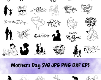 May include: A collection of black and white Mother's Day themed graphics. The designs include the words "Happy Mother's Day", silhouettes of mothers and children, and the word "Mom" in a heart shape. The image also includes the text "Mothers Day SVG JPG PNG DXF EPS".