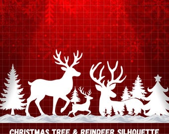 Weihnachtsbaum & Rentier Silhouette Vorlage | Urlaub Wall Art (Digitaler Download)