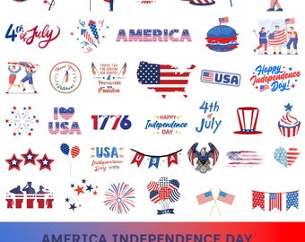 May include: A collection of patriotic illustrations in red, white, and blue, celebrating America's Independence Day. Includes fireworks, flags, stars, and text elements like "4th of July" and "America". The bottom text reads "AMERICA INDEPENDENCE DAY".