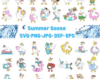 May include: A collection of cartoon geese in various summer outfits and accessories. The geese are depicted with sunglasses, hats, swimsuits, and beach gear. The image includes the text "Summer Goose" and file type options.