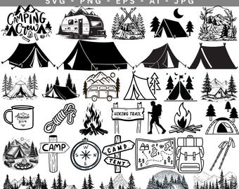 May include: A black and white camping SVG bundle with various camping-themed illustrations. Includes tents, a camper, a compass, a map, a campfire, and the text "CAMPING SVG BUNDLE".