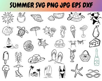 Summer Coastal SVG Bundle, Hand-Drawn Beach Ocean Doodles (Digital Download)