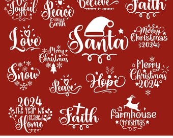 May include: A red background features white text designs for Christmas. Phrases include "Be Joyful", "Believe", "Faith", "Love", "Santa", "Merry Christmas", "Snow", "Hope", "Peace", and "Farmhouse Christmas". The text "15 Christmas SVG Bundle" is at the bottom.