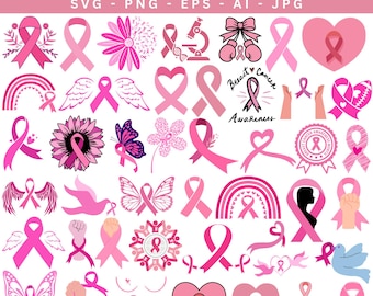 May include: A collection of pink breast cancer awareness SVG graphics. The designs include ribbons, flowers, butterflies, hearts, and the words "Breast Cancer Awareness". The image is in a digital format.