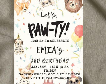 May include: A white invitation card with watercolor illustrations of dogs, balloons, and confetti. The text reads "Let's PAW-TY!" and announces Emia's 2nd birthday on January 16th at 3 PM. RSVP to Olivia.