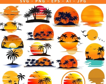 May include: A collection of sunset scene SVG graphics. Each design features a vibrant orange and red sunset, palm trees, and silhouettes of birds. The text "SUNSET SCENE SVG" is at the top, with file type options below.