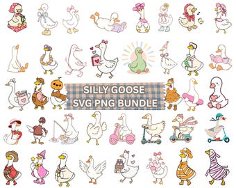 May include: A collection of whimsical cartoon geese in various poses and outfits. Some geese are reading, holding hearts, or wearing hats. The phrase "SILLY GOOSE SVG PNG BUNDLE" is displayed on a plaid background.
