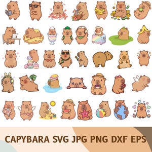 May include: A set of cartoon capybara illustrations in various poses and with different accessories. Some capybaras wear sunglasses, hats, or headphones. Others hold books, money, or food. The image includes the text "CAPYBARA SVG JPG PNG DXF EPS".