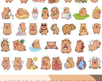 May include: A collection of cartoon capybara illustrations in various poses and with different accessories. Some capybaras wear sunglasses, hats, or headphones. Others hold books, money, or food. The image includes the text "CAPYBARA SVG JPG PNG DXF EPS".