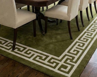 Green Hand Tufted Wool Rug with Geometric Border Area Rug Handmade Rugs for Living