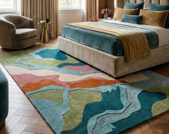 Tappeto organico astratto, tappeto moderno colorato, tappeto di lana fatto a mano per soggiorno, camera da letto
