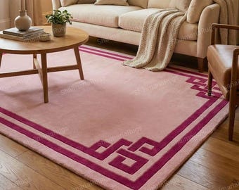 Tappeto moderno in lana trapuntato a mano con bordo geometrico rosa, tappeto di dimensioni personalizzate, tappeto indiano di dimensioni personalizzate
