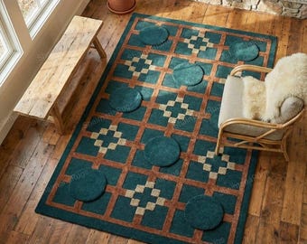 Hand Tufted Wool Area Rug Green Geometric Carpet Modern Living Room Bedroom Floor