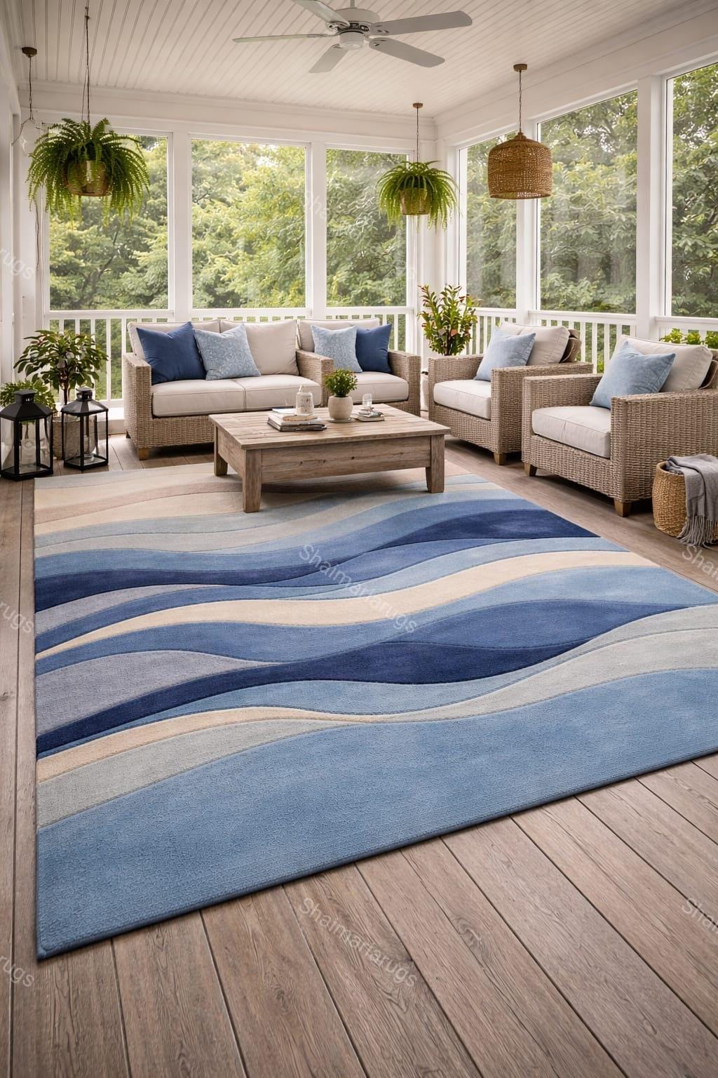 Abstract Blue Wave Area Rug Hand Tufted Wool Carpet Modern Coastal ...