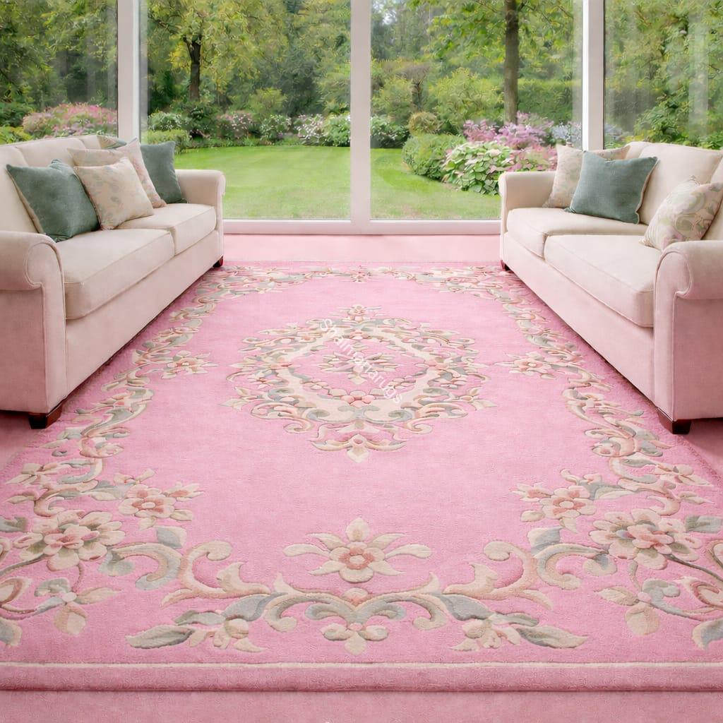 Hand Tufted Pink Wool Area Rug – Luxury Floral Living Room Carpet ...