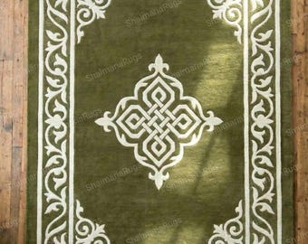 Olive Green hand made wool rug Traditional Border carpet Living Room Bedroom decor hand tufted area rug