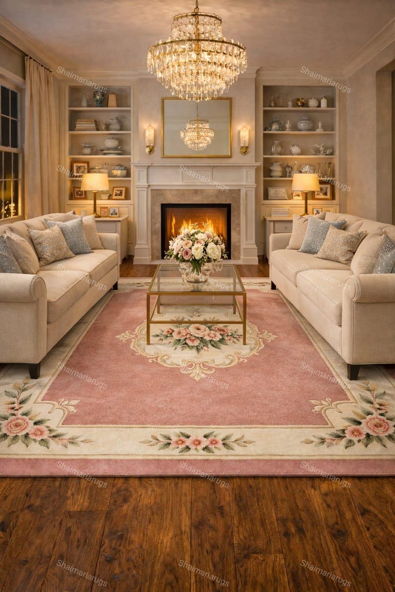 Hand Tufted Pink Floral Area Rug, Modern Vintage Rose Wool Carpet ...