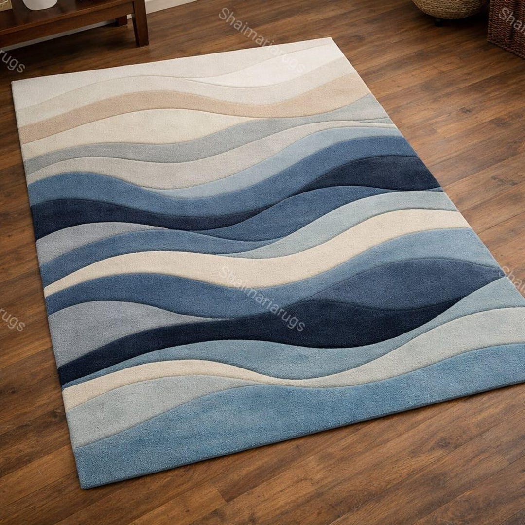 Abstract Blue Wave Area Rug Hand Tufted Wool Carpet Modern Coastal ...